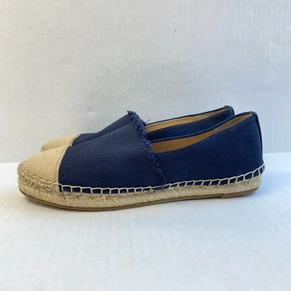 J. MCLAUGHLIN Shoes Espadrille Redding Canvas Flat Loafer Fringe Navy Tan 6.5